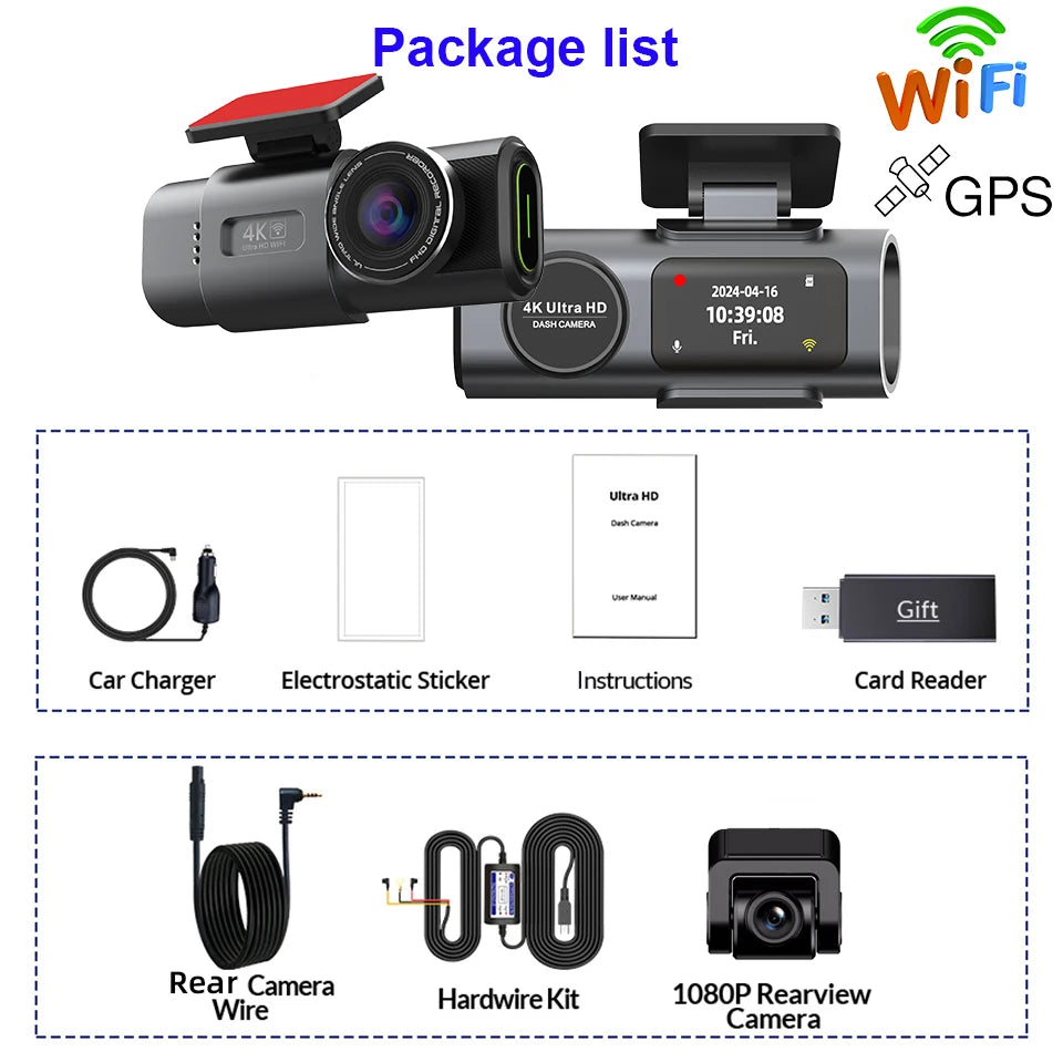 E-ACE 4K Dash Cam for Cars Dual Lens Camera DVR Video Recorder Auto Night Vision Black Box GPS Wi-Fi 24 Hour Parking Mode