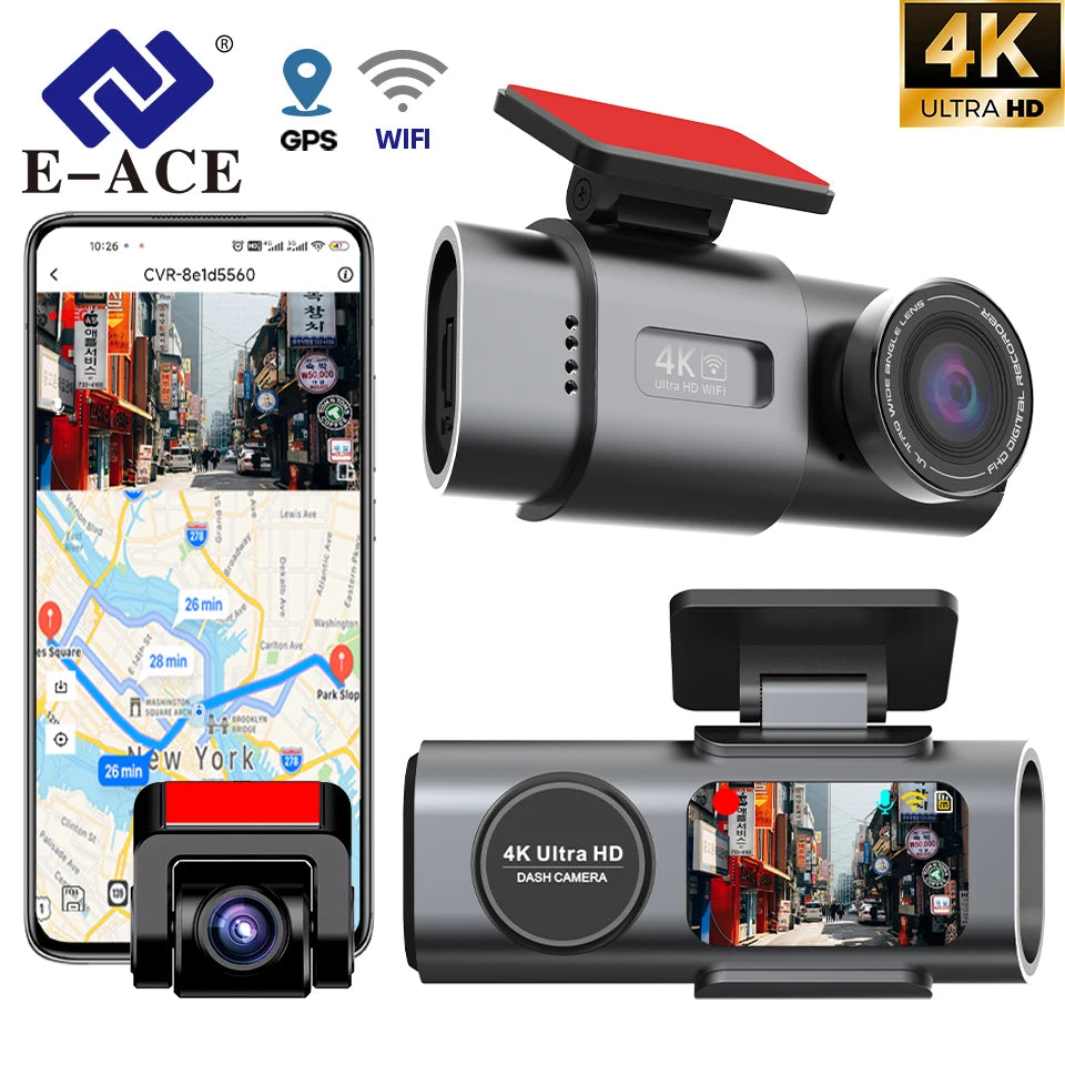 E-ACE 4K Dash Cam for Cars Dual Lens Camera DVR Video Recorder Auto Night Vision Black Box GPS Wi-Fi 24 Hour Parking Mode