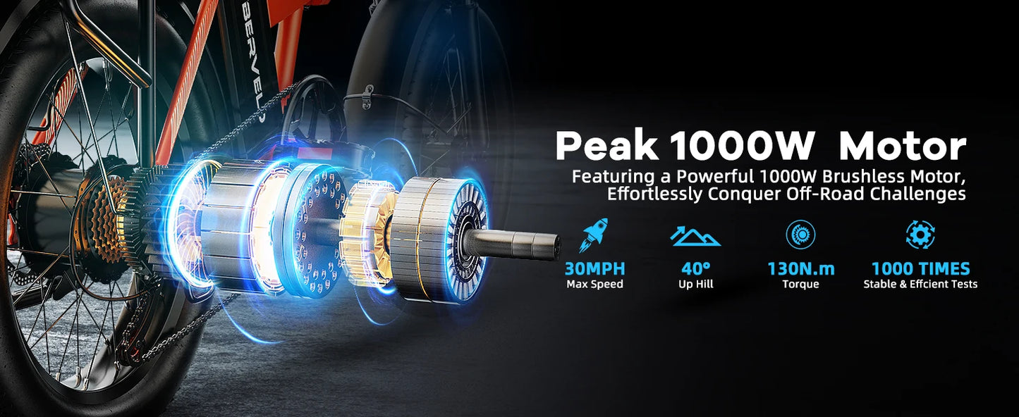 1000W Folding Electric Bike with 48V 20AH Large Removable Battery 30 MPH Top Speed and 80 Miles Max Range 20 Inch Fat Tire E Bike