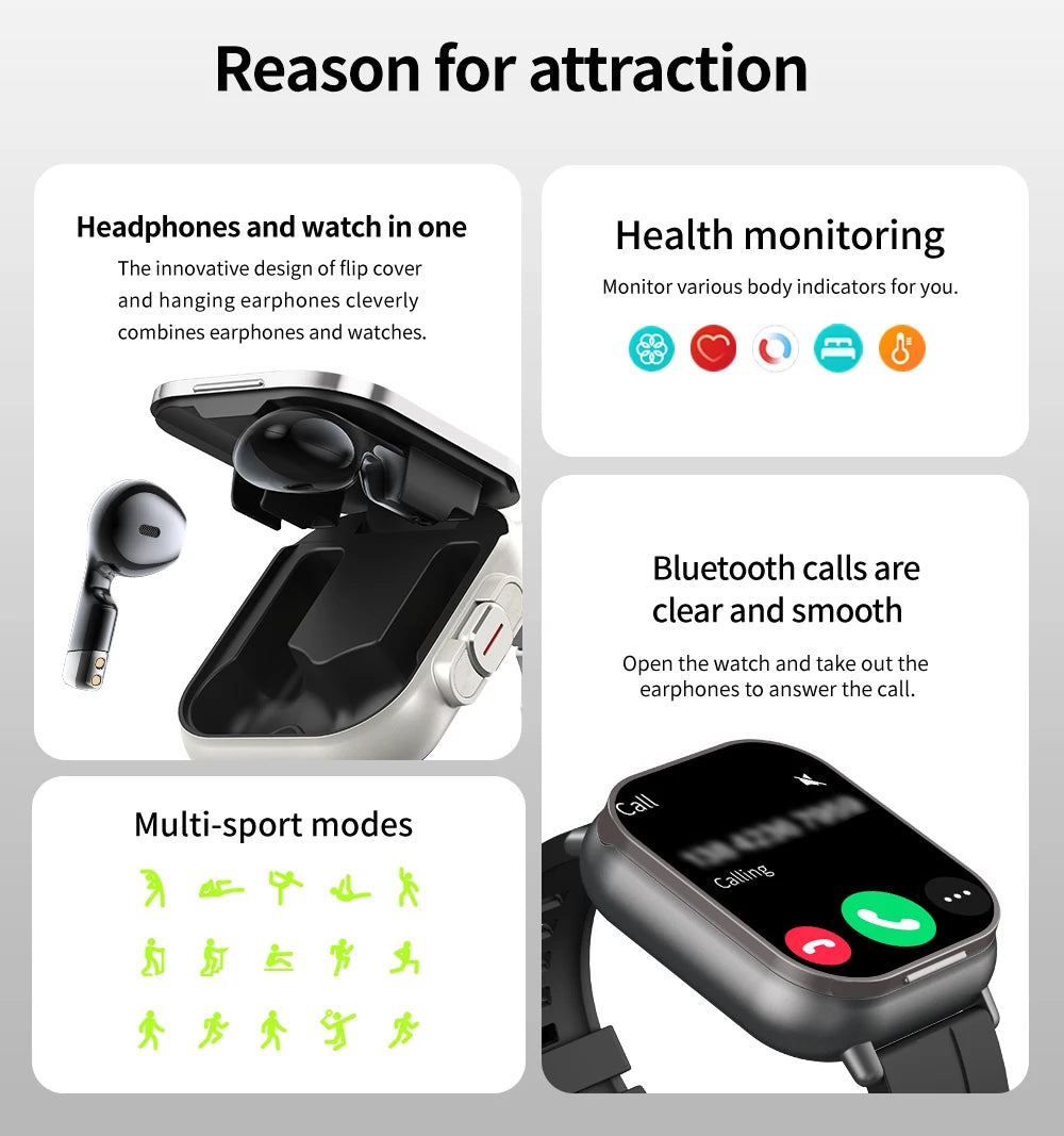 2 in 1 Built-in Smartwatch with Earphone Multi-Sport NFC Call Smart Watch with Earbuds Headphone for iPhone Android Smartphone