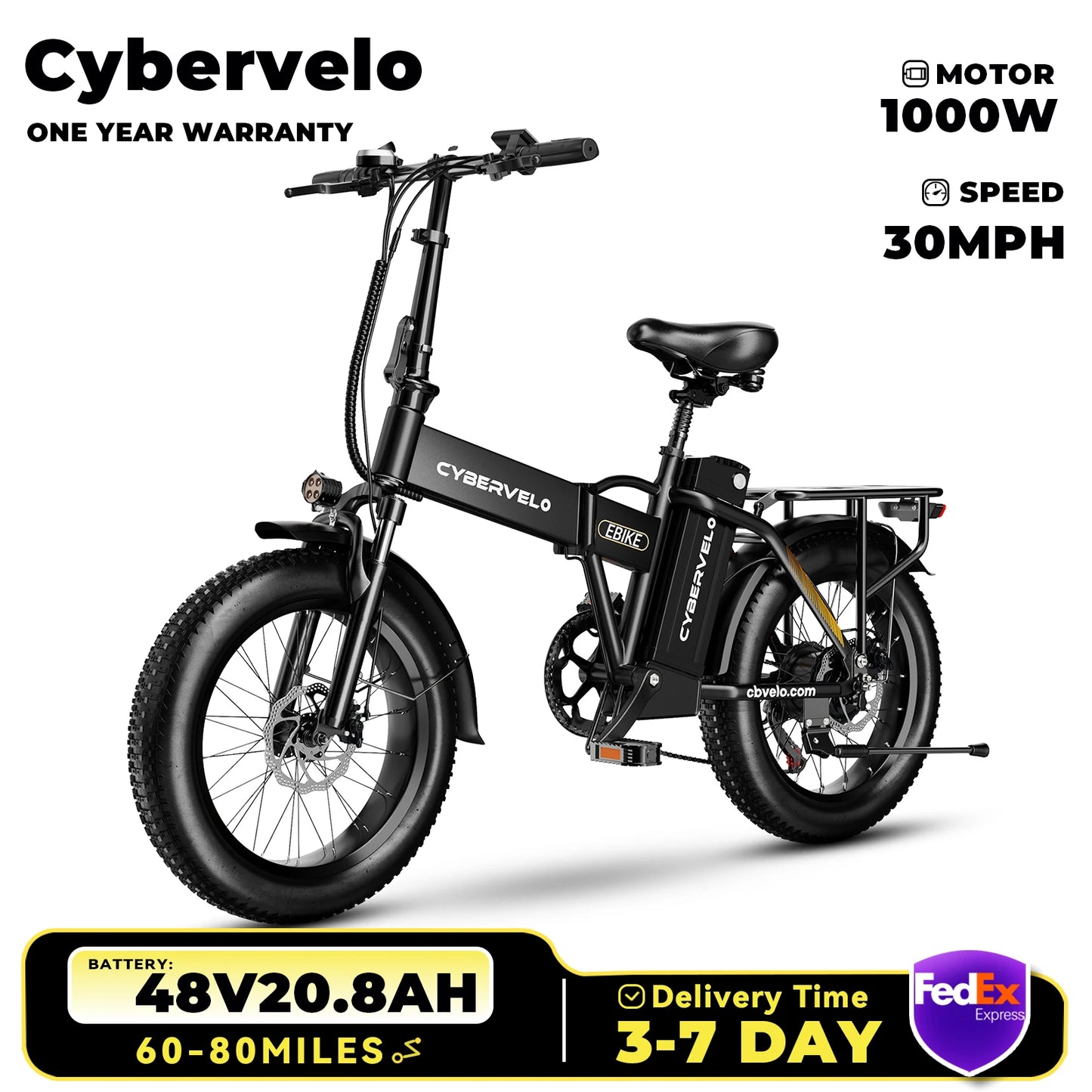 1000W Folding Electric Bike with 48V 20AH Large Removable Battery 30 MPH Top Speed and 80 Miles Max Range 20 Inch Fat Tire E Bike
