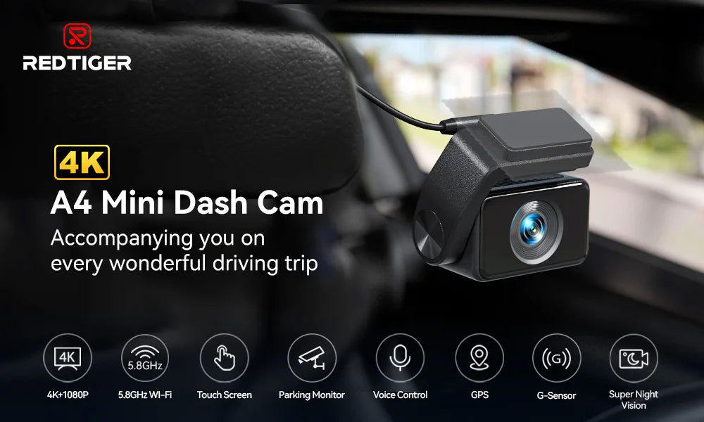 Redtiger A4 Dash Camera Front and Rear 4K Dash Cam Drive Recorder with WiFi GPS for 24 Hour Parking Mode Black Box for Car