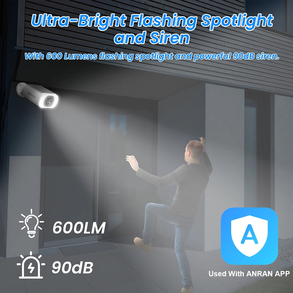 ANRAN Outdoor Wireless WiFi Camera 2.4G 3MP Battery Solar Security Camera with Floodlight Color Night Vision and Local Alarm