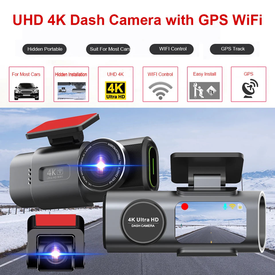 E-ACE 4K Dash Cam for Cars Dual Lens Camera DVR Video Recorder Auto Night Vision Black Box GPS Wi-Fi 24 Hour Parking Mode