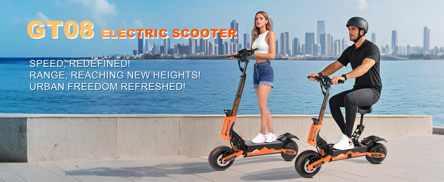 GT08 Electric Scooter 5600W Dual Motor 60V 27AH Off Road Vacuum Tires 46MPH 46 Miles Range 330LBS Load 45 Degree Climbing