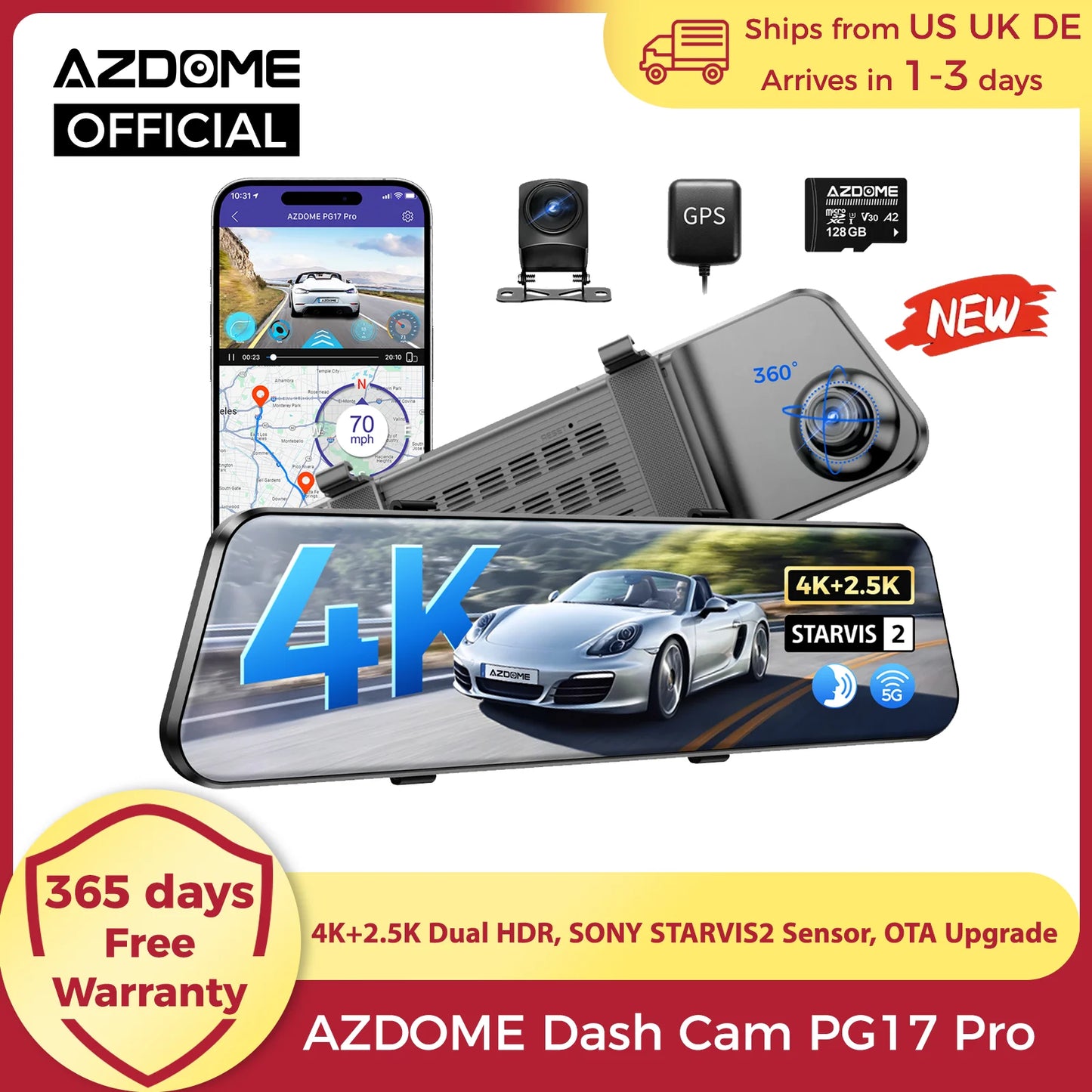 AZDOME 4K Plus 2.5K Dash Cam PG17 Pro Dual HDR Rear View Mirror Camera SONY STARVIS2 Sensor 5G WiFi OTA Upgrade Timeline Playback