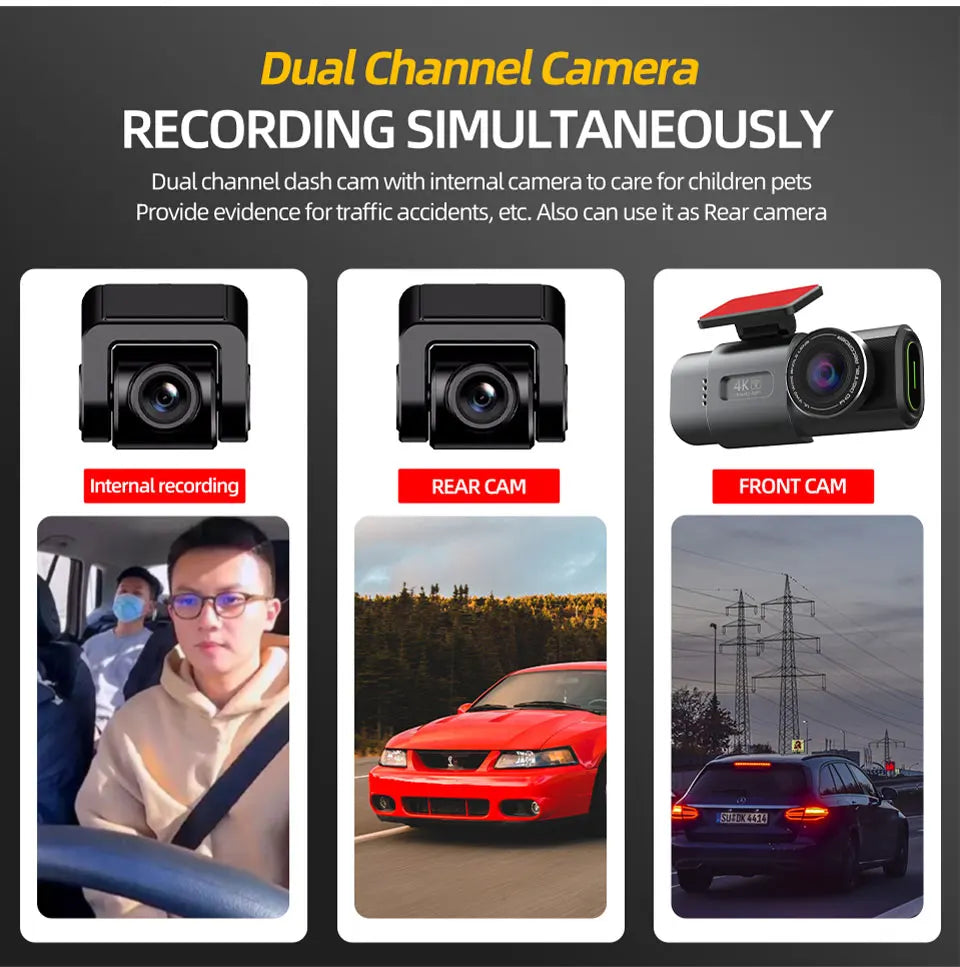 E-ACE 4K Dash Cam for Cars Dual Lens Camera DVR Video Recorder Auto Night Vision Black Box GPS Wi-Fi 24 Hour Parking Mode