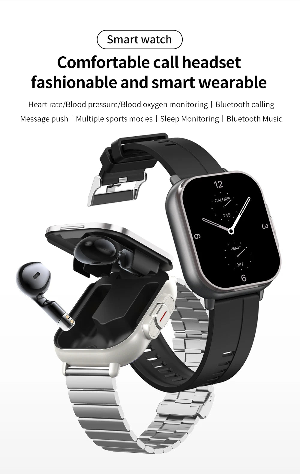 2 in 1 Built-in Smartwatch with Earphone Multi-Sport NFC Call Smart Watch with Earbuds Headphone for iPhone Android Smartphone