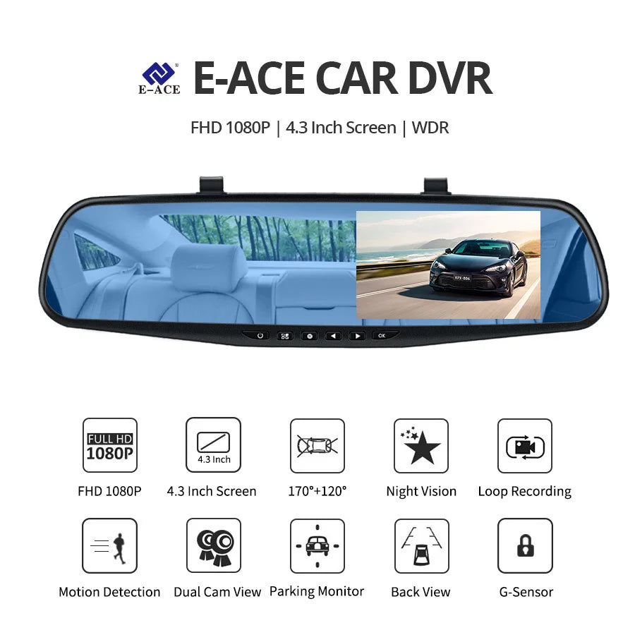 E-ACE Dash Cam 4.3 Inches Car DVR Rearview Mirror Driving Recorder Dual Lens Front and Rear Camera Video Recorder Black Box