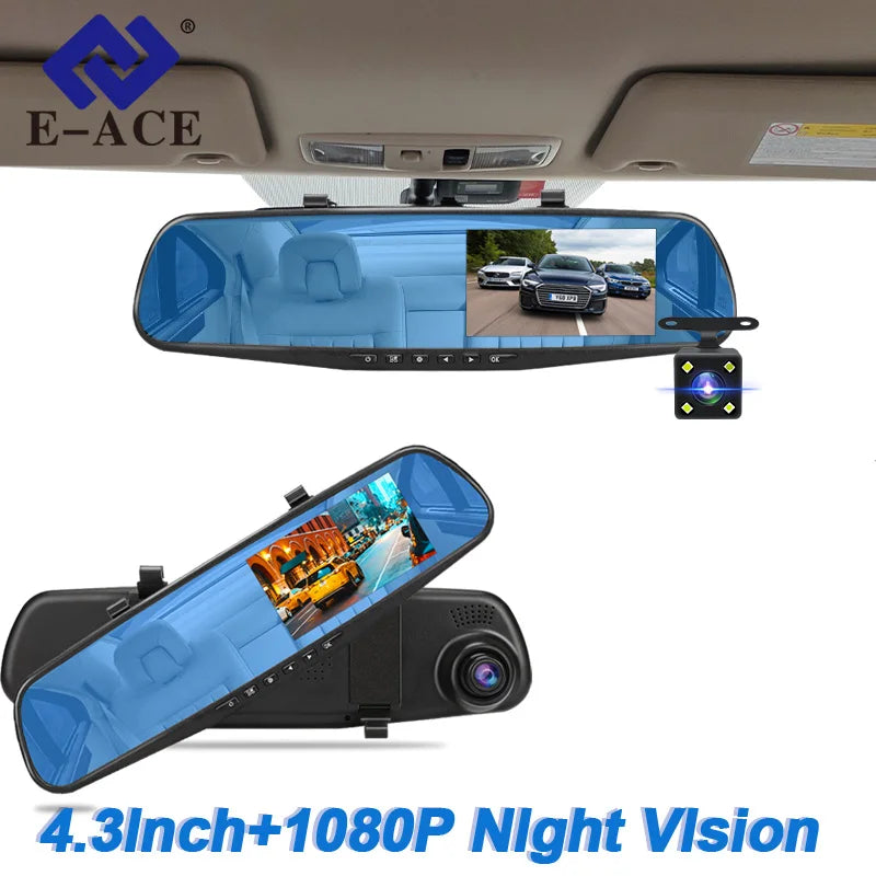 E-ACE Dash Cam 4.3 Inches Car DVR Rearview Mirror Driving Recorder Dual Lens Front and Rear Camera Video Recorder Black Box