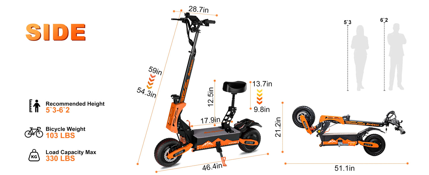 GT08 Electric Scooter 5600W Dual Motor 60V 27AH Off Road Vacuum Tires 46MPH 46 Miles Range 330LBS Load 45 Degree Climbing