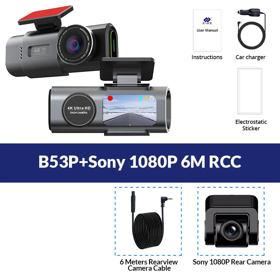 E-ACE 4K Dash Cam for Cars Dual Lens Camera DVR Video Recorder Auto Night Vision Black Box GPS Wi-Fi 24 Hour Parking Mode