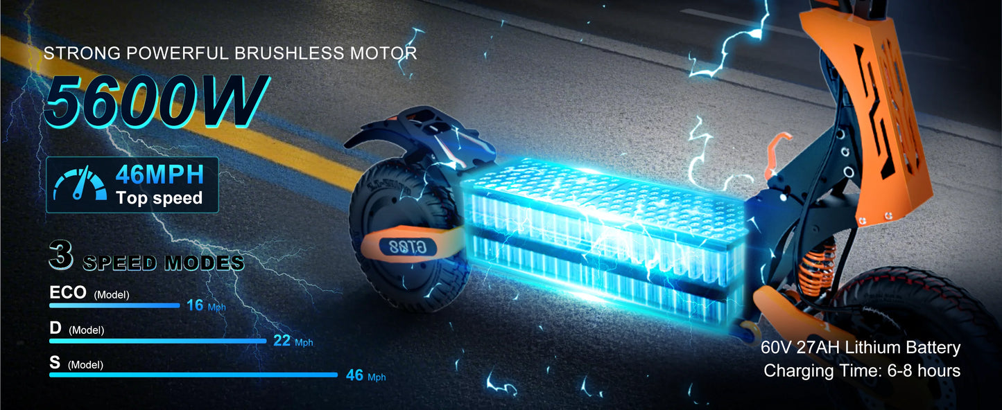 GT08 Electric Scooter 5600W Dual Motor 60V 27AH Off Road Vacuum Tires 46MPH 46 Miles Range 330LBS Load 45 Degree Climbing