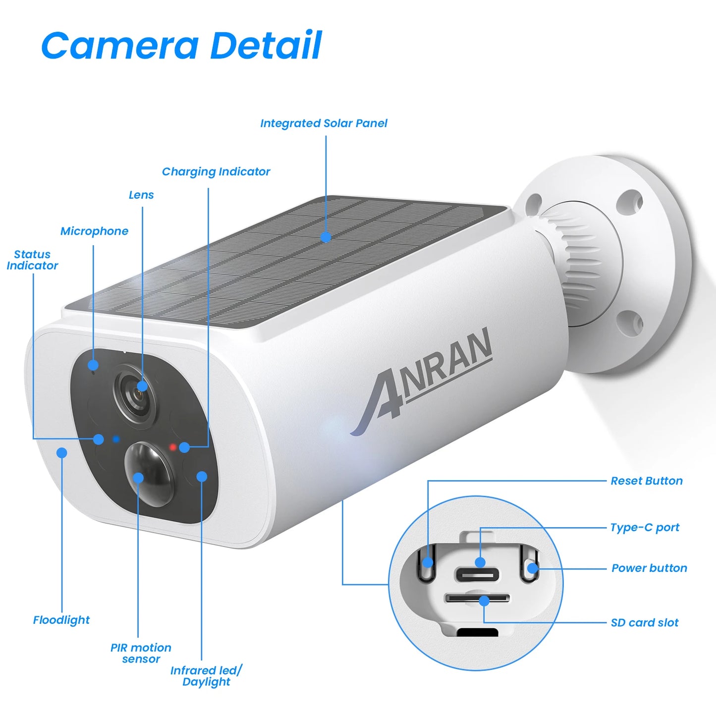 ANRAN Outdoor Wireless WiFi Camera 2.4G 3MP Battery Solar Security Camera with Floodlight Color Night Vision and Local Alarm