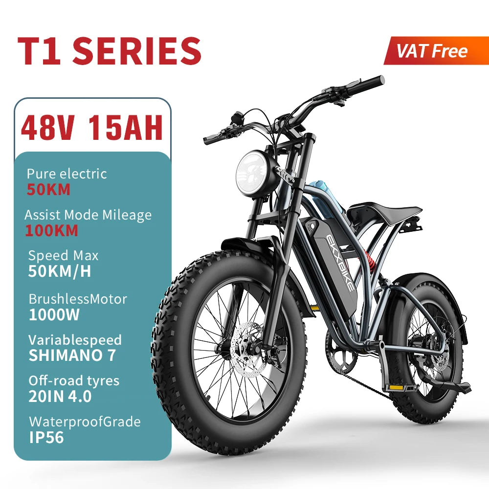 EKX T1 Electric Bike 20 Inch Fat Tires 1000W Motor 48V Battery