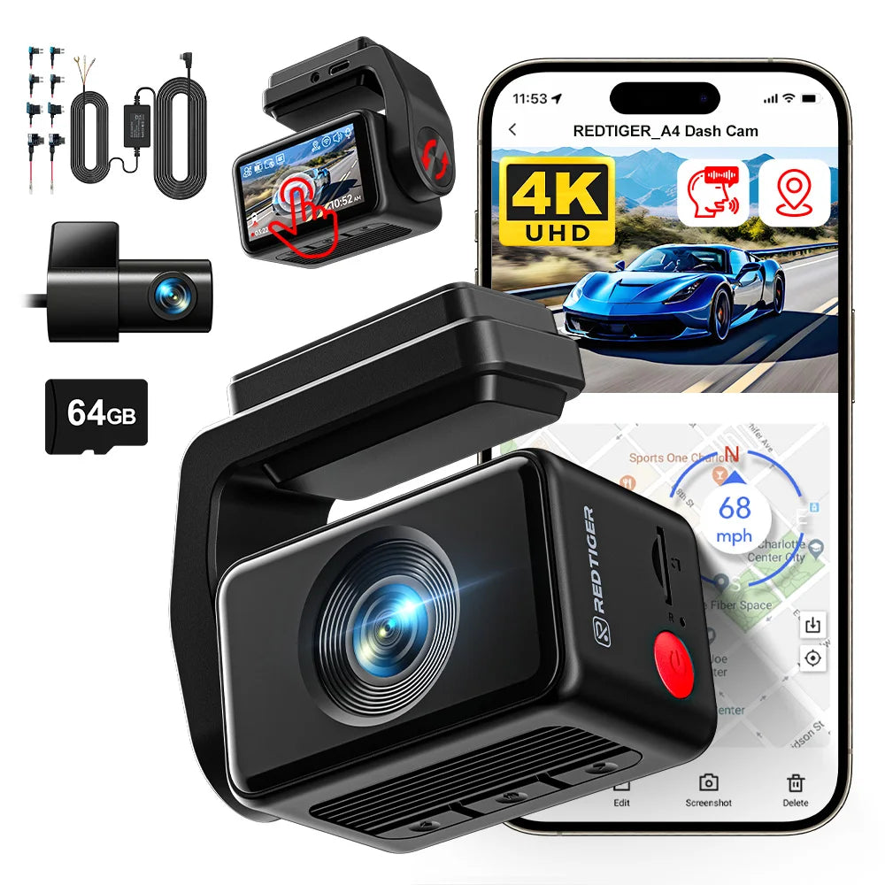 Redtiger A4 Dash Camera Front and Rear 4K Dash Cam Drive Recorder with WiFi GPS for 24 Hour Parking Mode Black Box for Car