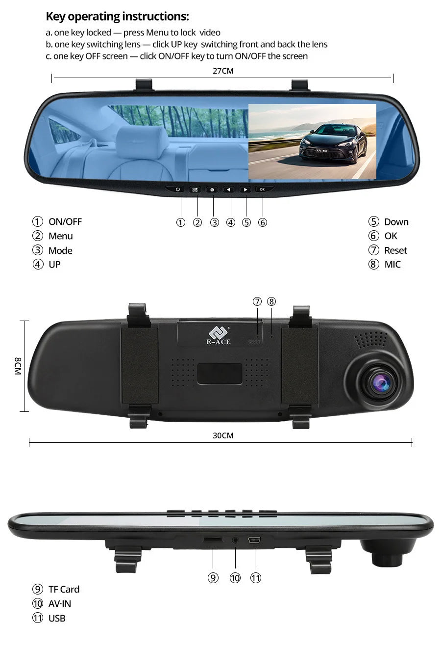 E-ACE Dash Cam 4.3 Inches Car DVR Rearview Mirror Driving Recorder Dual Lens Front and Rear Camera Video Recorder Black Box