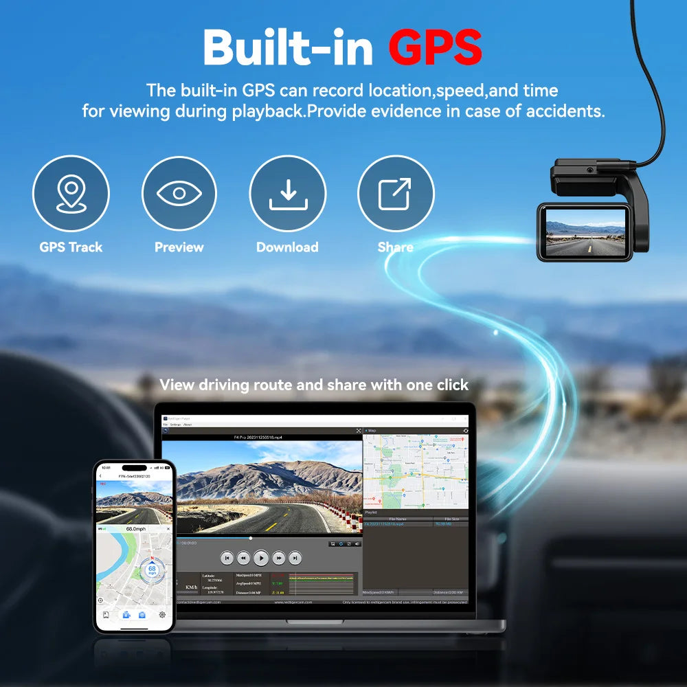 Redtiger A4 Dash Camera Front and Rear 4K Dash Cam Drive Recorder with WiFi GPS for 24 Hour Parking Mode Black Box for Car