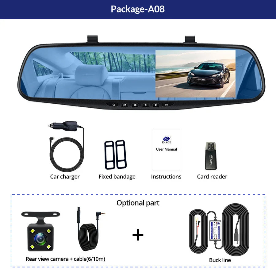 E-ACE Dash Cam 4.3 Inches Car DVR Rearview Mirror Driving Recorder Dual Lens Front and Rear Camera Video Recorder Black Box