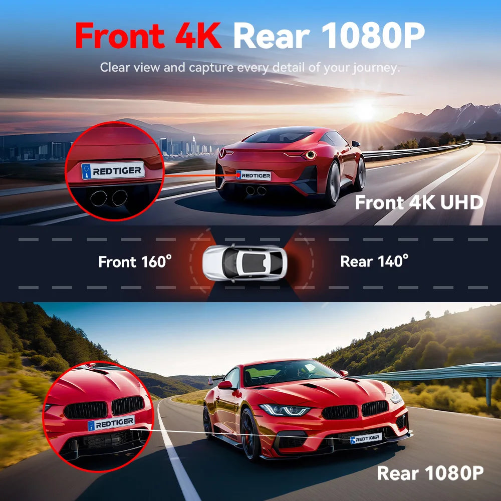 Redtiger A4 Dash Camera Front and Rear 4K Dash Cam Drive Recorder with WiFi GPS for 24 Hour Parking Mode Black Box for Car