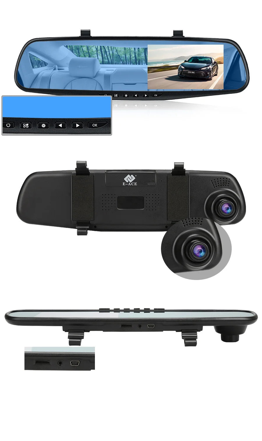 E-ACE Dash Cam 4.3 Inches Car DVR Rearview Mirror Driving Recorder Dual Lens Front and Rear Camera Video Recorder Black Box