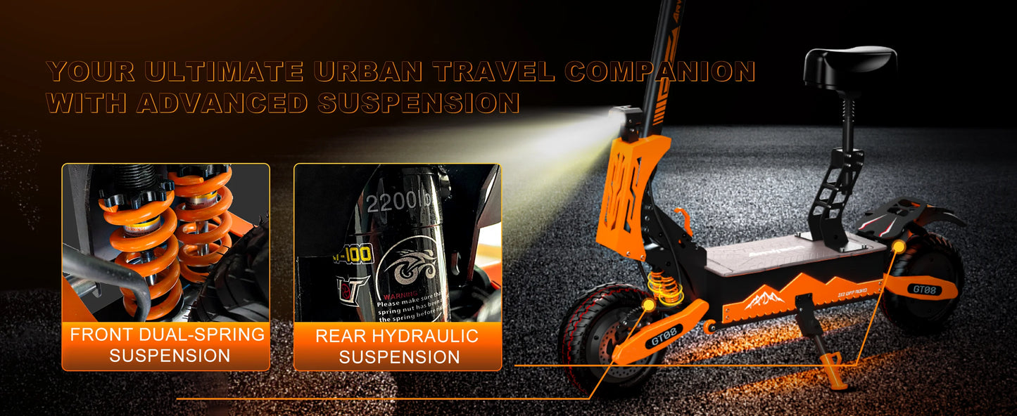 GT08 Electric Scooter 5600W Dual Motor 60V 27AH Off Road Vacuum Tires 46MPH 46 Miles Range 330LBS Load 45 Degree Climbing