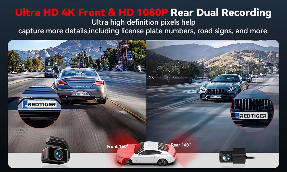 Redtiger A4 Dash Camera Front and Rear 4K Dash Cam Drive Recorder with WiFi GPS for 24 Hour Parking Mode Black Box for Car