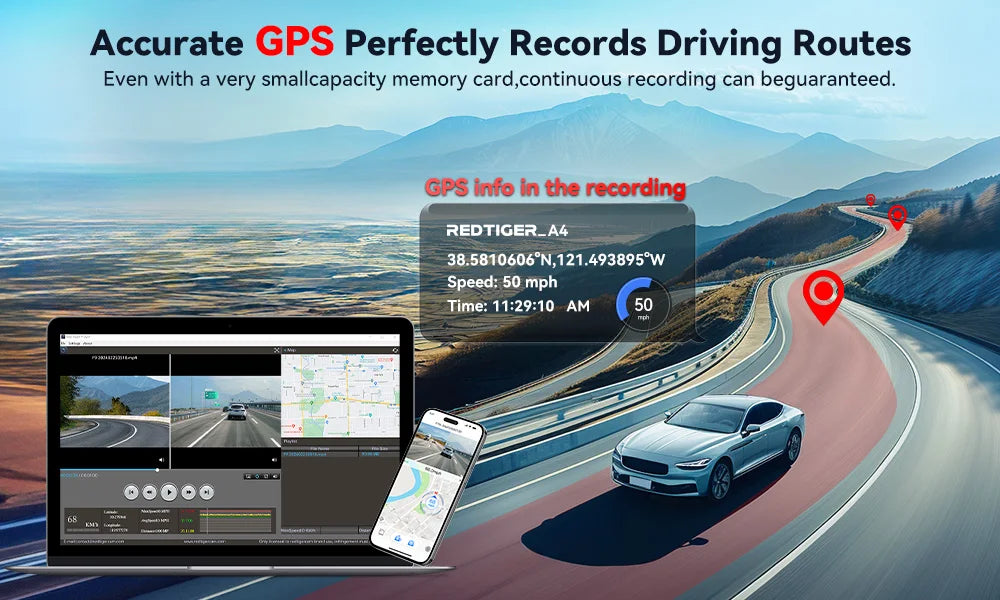 Redtiger A4 Dash Camera Front and Rear 4K Dash Cam Drive Recorder with WiFi GPS for 24 Hour Parking Mode Black Box for Car