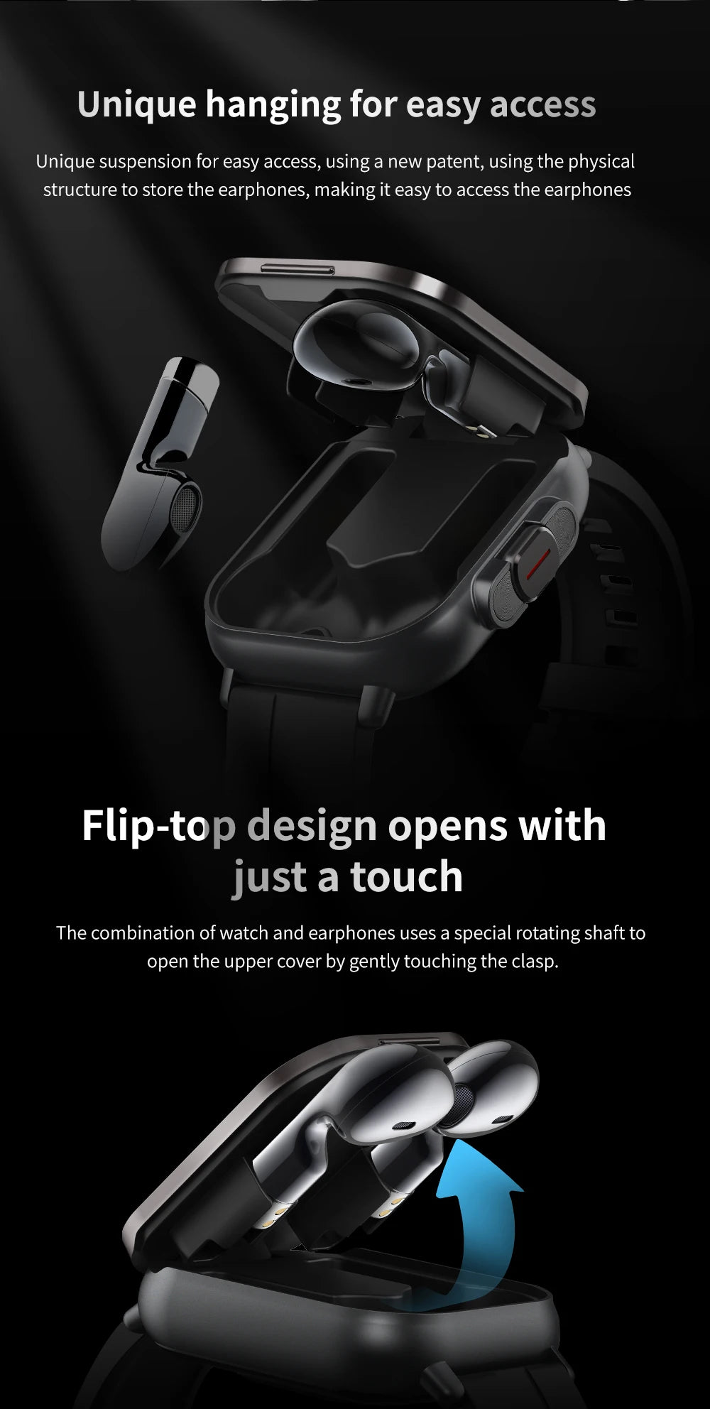 2 in 1 Built-in Smartwatch with Earphone Multi-Sport NFC Call Smart Watch with Earbuds Headphone for iPhone Android Smartphone