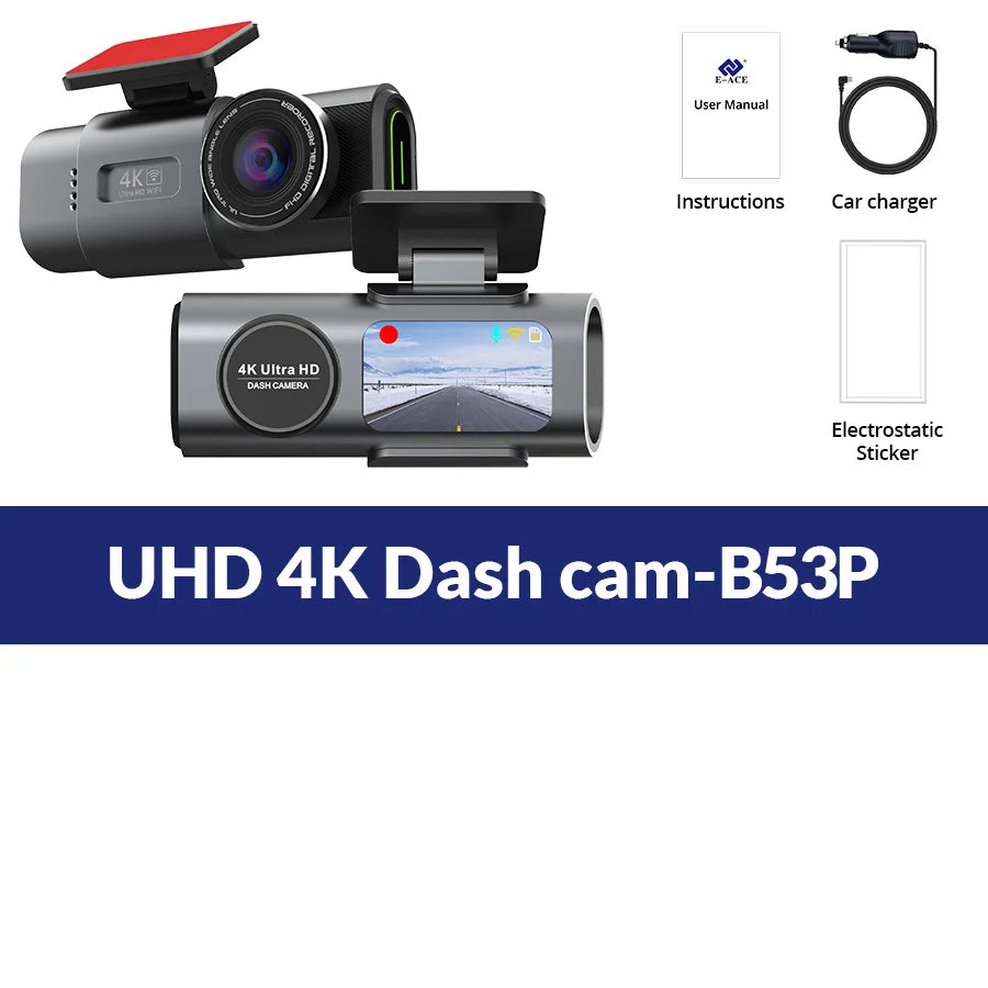 E-ACE 4K Dash Cam for Cars Dual Lens Camera DVR Video Recorder Auto Night Vision Black Box GPS Wi-Fi 24 Hour Parking Mode
