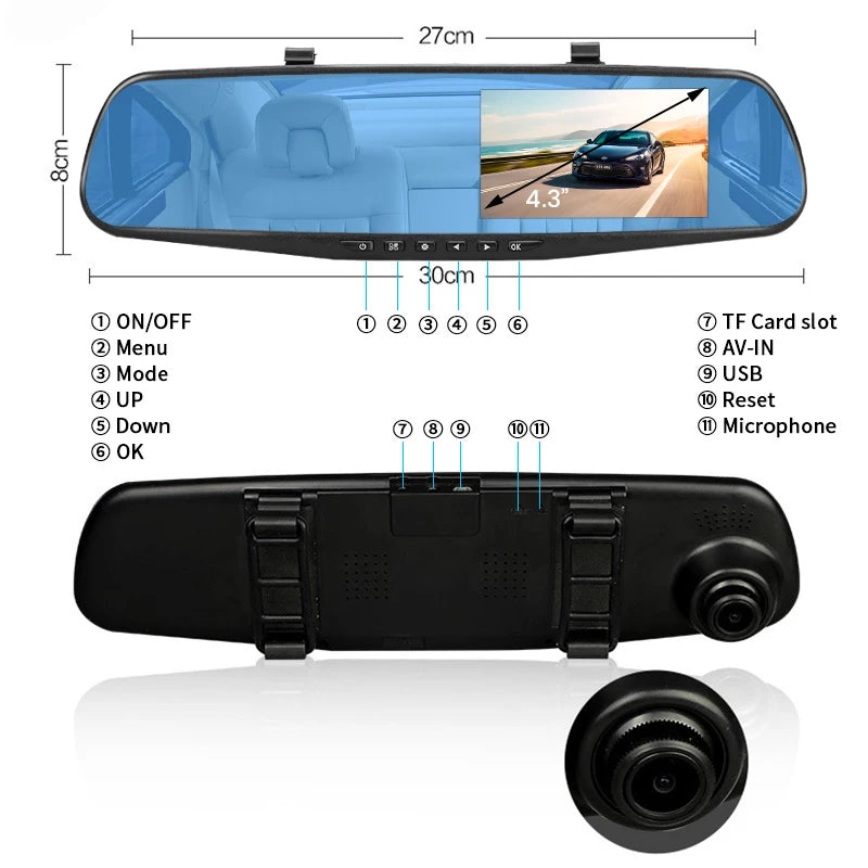 E-ACE Dash Cam 4.3 Inches Car DVR Rearview Mirror Driving Recorder Dual Lens Front and Rear Camera Video Recorder Black Box