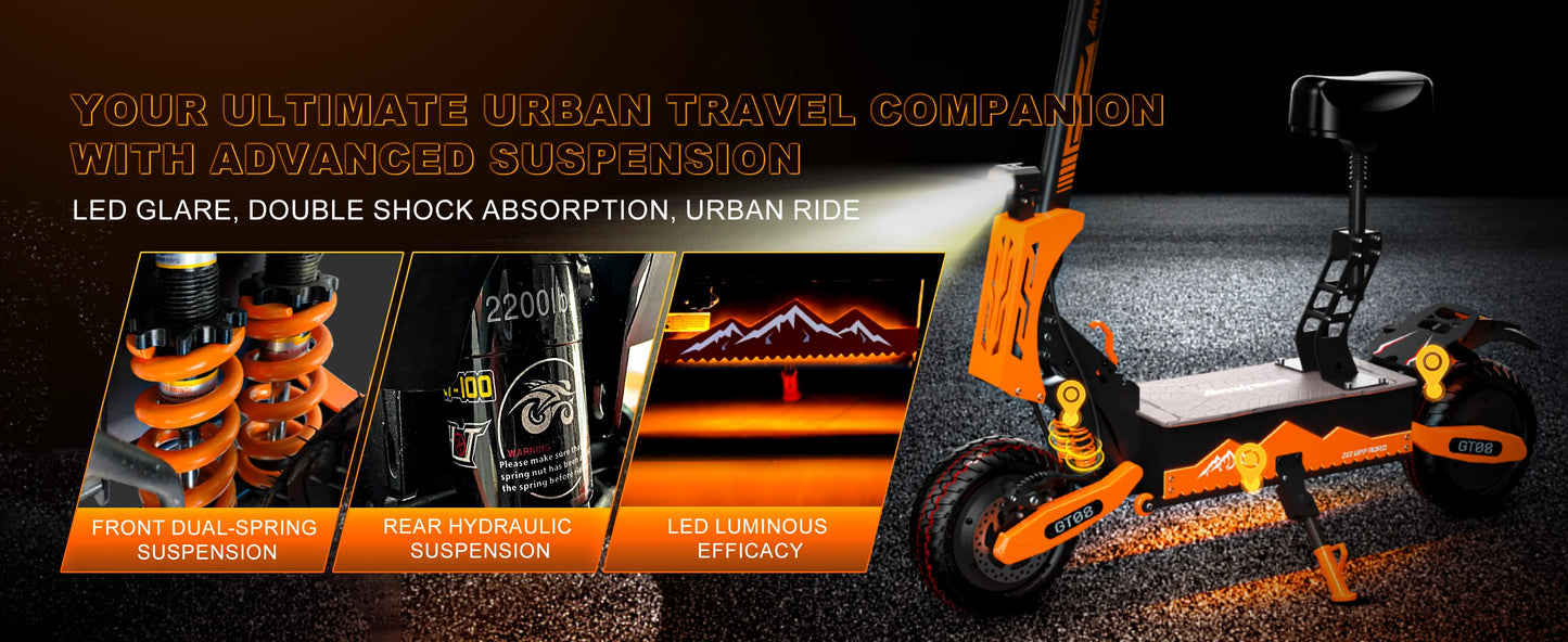 GT08 Electric Scooter 5600W Dual Motor 60V 27AH Off Road Vacuum Tires 46MPH 46 Miles Range 330LBS Load 45 Degree Climbing