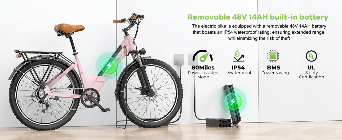 1000 Peak Electric Bike for Adults 80 Miles Removable Battery 26 Inch Electric E Bike with 7 Speed Adult Electric Bicycles
