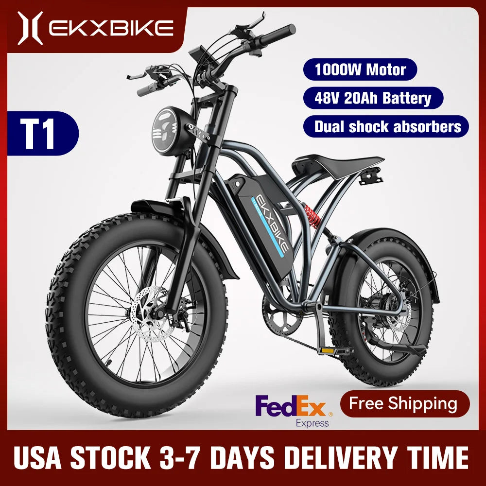 EKX T1 Electric Bike 20 Inch Fat Tires 1000W Motor 48V Battery