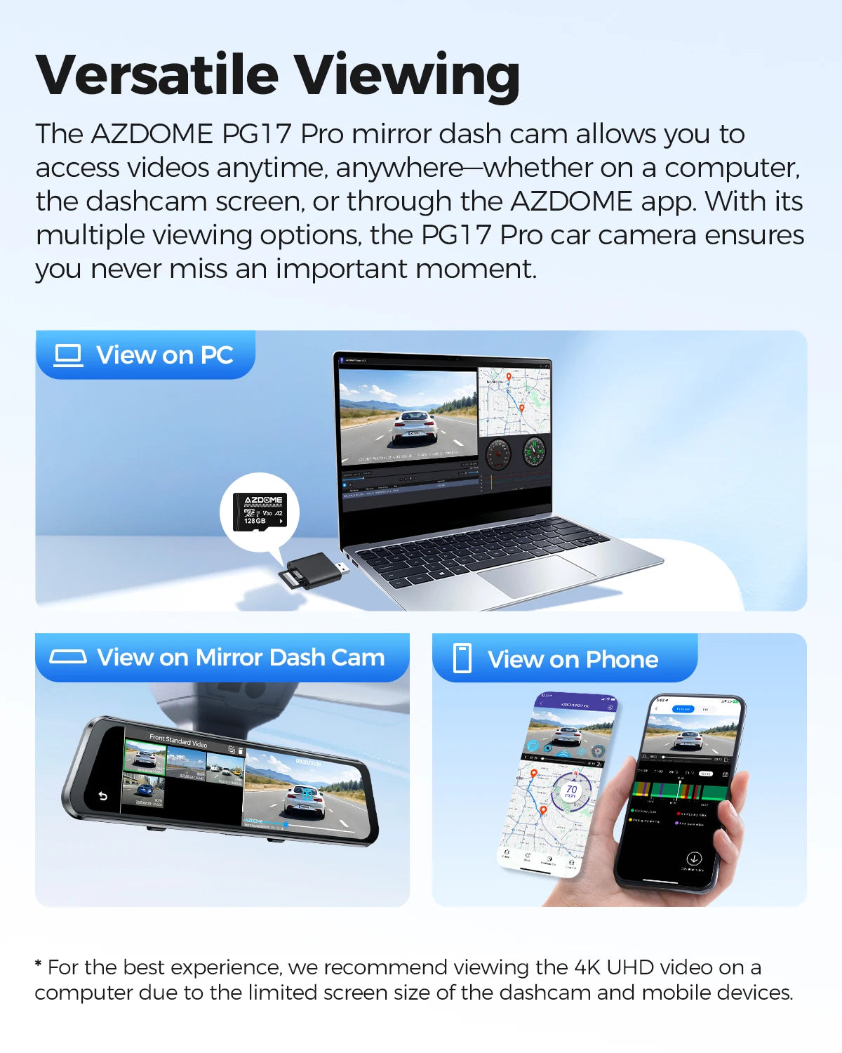 AZDOME 4K Plus 2.5K Dash Cam PG17 Pro Dual HDR Rear View Mirror Camera SONY STARVIS2 Sensor 5G WiFi OTA Upgrade Timeline Playback