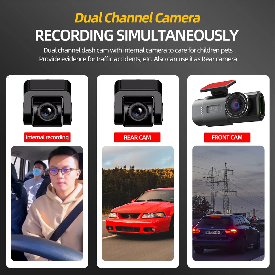E-ACE 4K Dash Cam for Cars Dual Lens Camera DVR Video Recorder Auto Night Vision Black Box GPS Wi-Fi 24 Hour Parking Mode