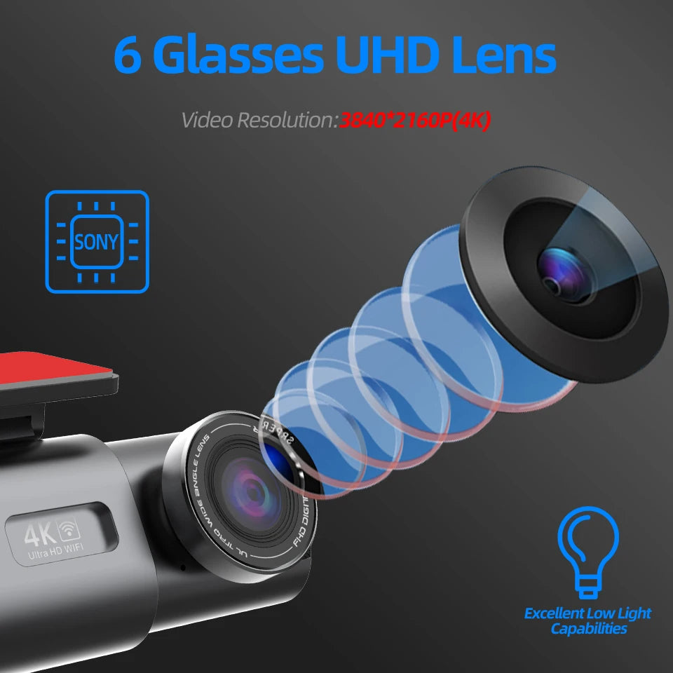 E-ACE 4K Dash Cam for Cars Dual Lens Camera DVR Video Recorder Auto Night Vision Black Box GPS Wi-Fi 24 Hour Parking Mode