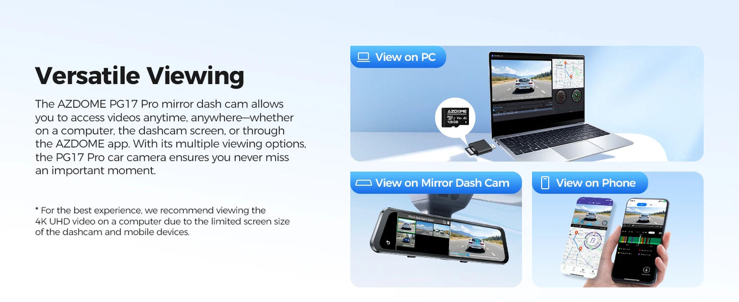 AZDOME 4K Plus 2.5K Dash Cam PG17 Pro Dual HDR Rear View Mirror Camera SONY STARVIS2 Sensor 5G WiFi OTA Upgrade Timeline Playback