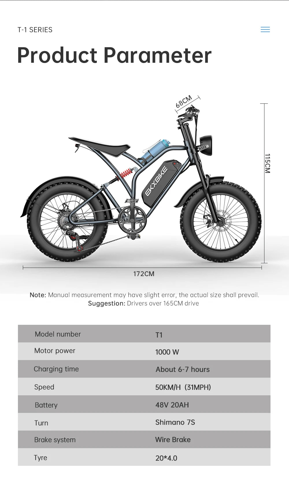 EKX T1 Electric Bike 20 Inch Fat Tires 1000W Motor 48V Battery