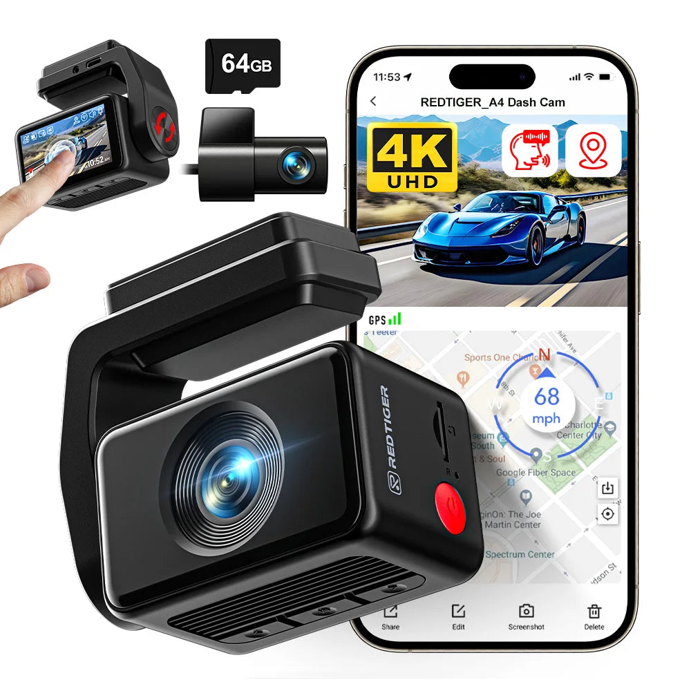 Redtiger A4 Dash Camera Front and Rear 4K Dash Cam Drive Recorder with WiFi GPS for 24 Hour Parking Mode Black Box for Car