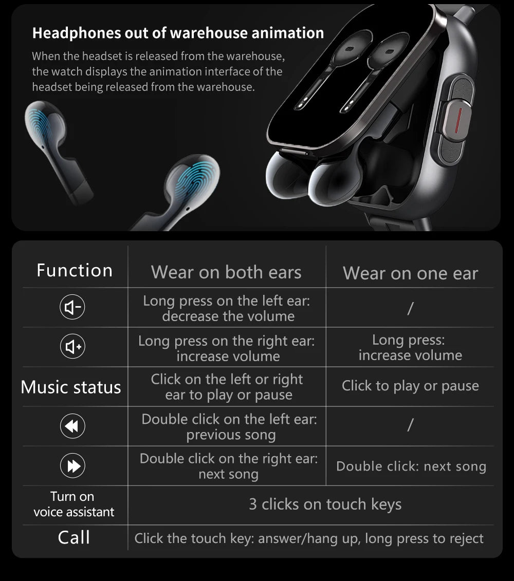 2 in 1 Built-in Smartwatch with Earphone Multi-Sport NFC Call Smart Watch with Earbuds Headphone for iPhone Android Smartphone