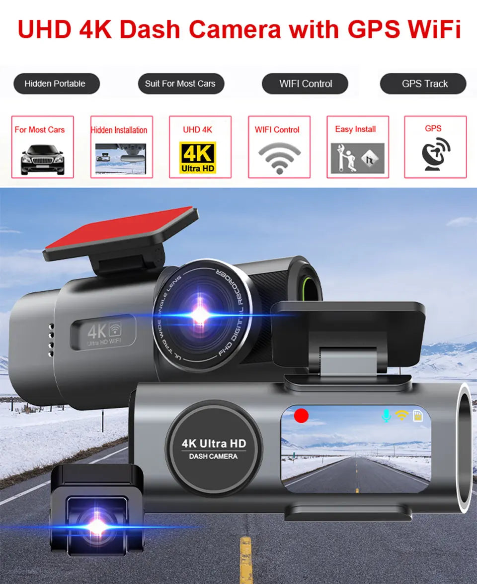 E-ACE 4K Dash Cam for Cars Dual Lens Camera DVR Video Recorder Auto Night Vision Black Box GPS Wi-Fi 24 Hour Parking Mode