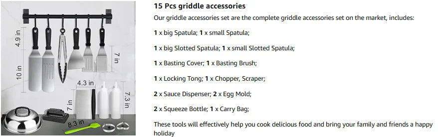 15-Piece Flat Top Grill Tool Set for Blackstone and Camping