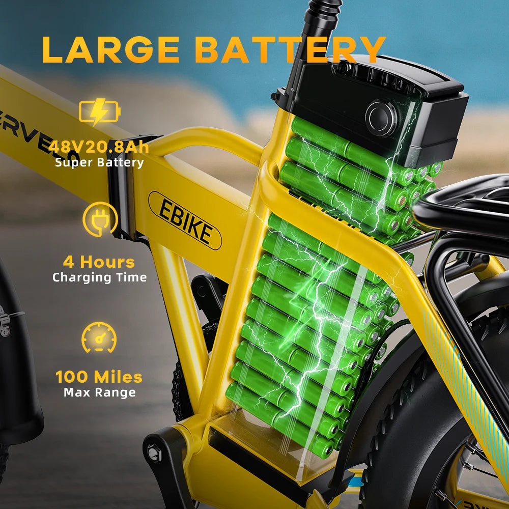 1000W Folding Electric Bike with 48V 20AH Large Removable Battery 30 MPH Top Speed and 80 Miles Max Range 20 Inch Fat Tire E Bike