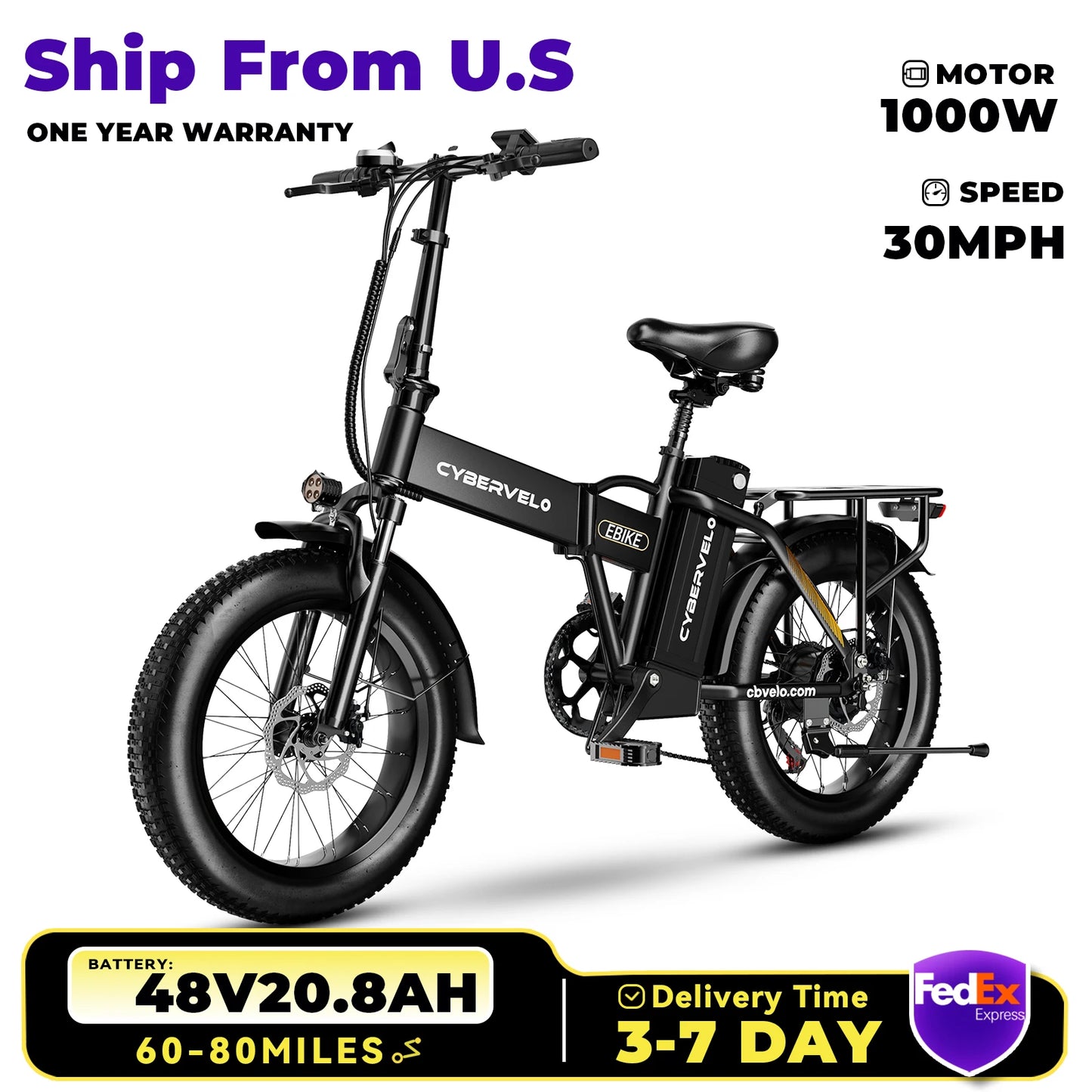 1000W Folding Electric Bike with 48V 20AH Large Removable Battery 30 MPH Top Speed and 80 Miles Max Range 20 Inch Fat Tire E Bike