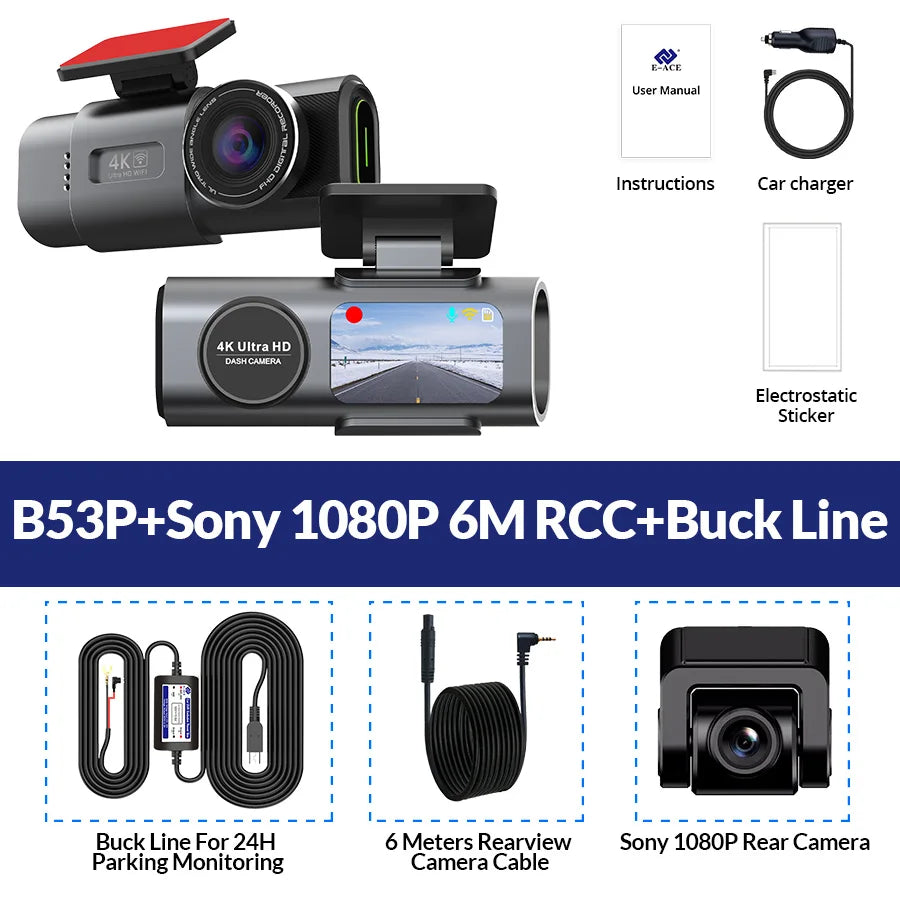 E-ACE 4K Dash Cam for Cars Dual Lens Camera DVR Video Recorder Auto Night Vision Black Box GPS Wi-Fi 24 Hour Parking Mode