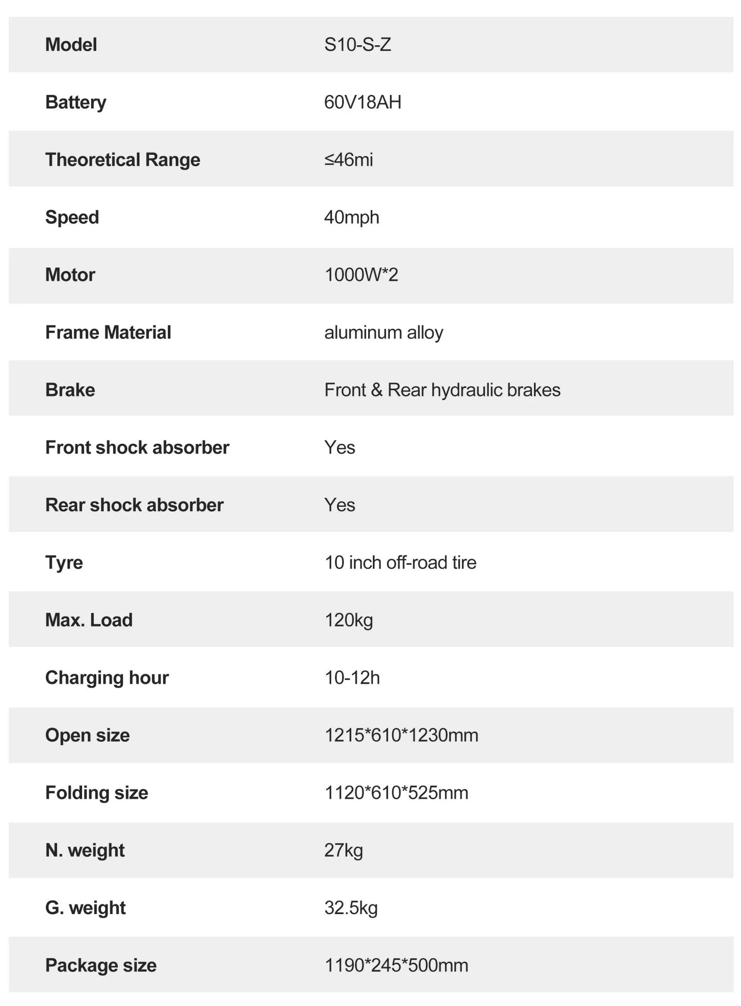 Joyor S10-S-Z 10 Inch Off Road Electric Scooter 2x1000W Dual Motors 60V 18Ah Battery