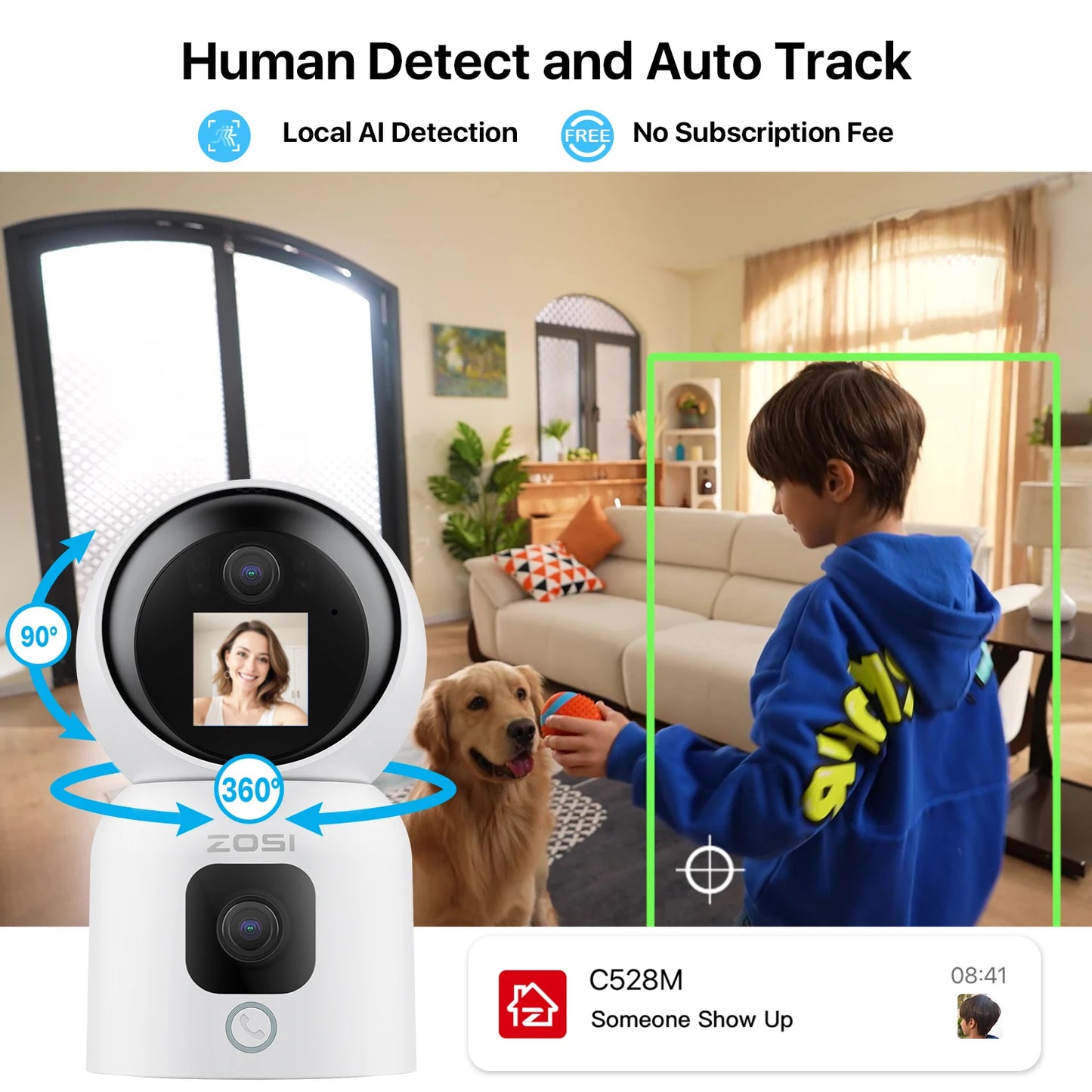 ZOSI 360 Degree Smart Home Security Camera PTZ Auto Tracking Baby Monitor AI Panoramic HD Night Vision Indoor WiFi Surveillance Camera