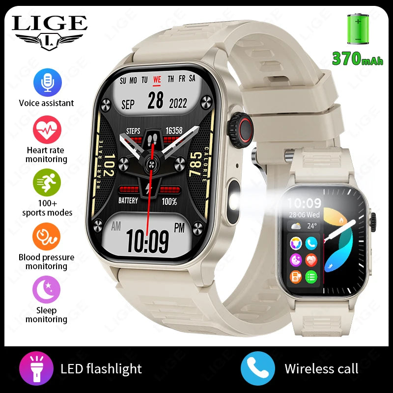 LIGE New Smart Watch LED Flashlight Military Sport Watches 2.01 Inch Screen Waterproof Men - Great Outdoors and More 25