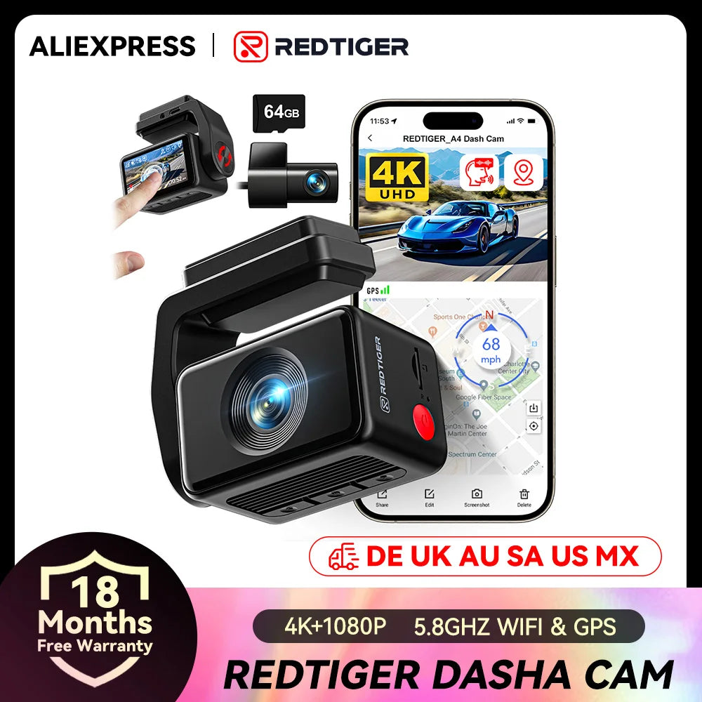 Redtiger A4 Dash Camera Front and Rear 4K Dash Cam Drive Recorder with WiFi GPS for 24 Hour Parking Mode Black Box for Car